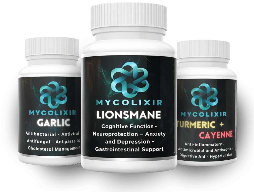 Three Mycolixir supplement bottles labeled Garlic, Lionsmane and Turmeric + Cayenne on transparent background